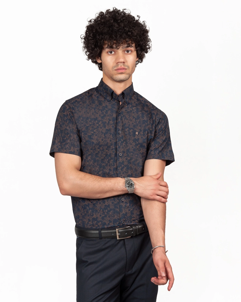 پیراهن اسلیم فیت آستین کوتاه پوبلین چاپ گلدار