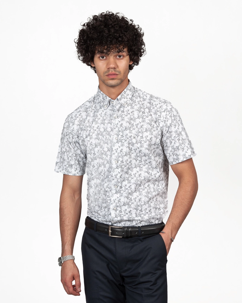 پیراهن اسلیم فیت آستین کوتاه پوبلین چاپ گلدار