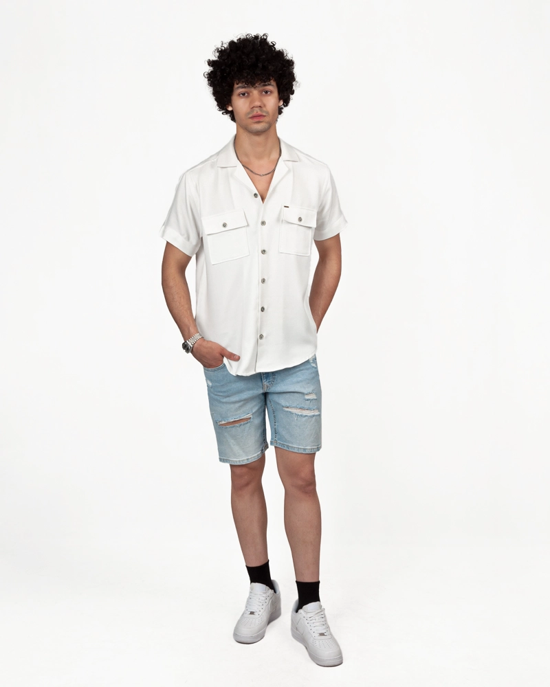 پیراهن اسلیم فیت آستین کوتاه یقه انگلیسی دو جیب پاکتی