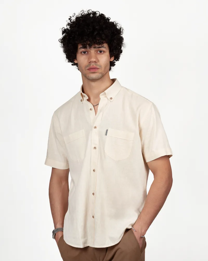 پیراهن آستین کوتاه لینین دو جیب نقابدار 