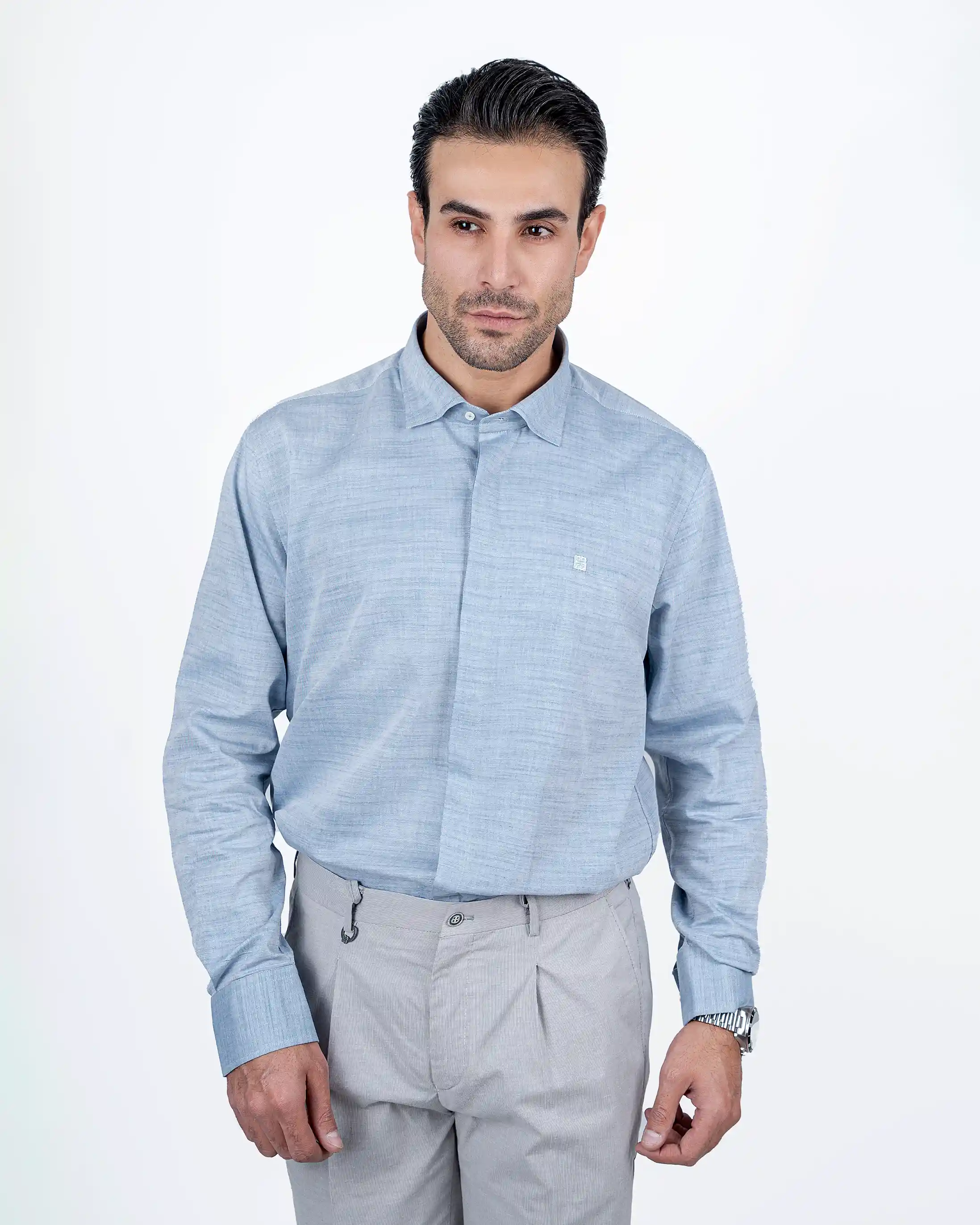 پیراهن آستین بلند دکمه مخفی ملانژپنبه