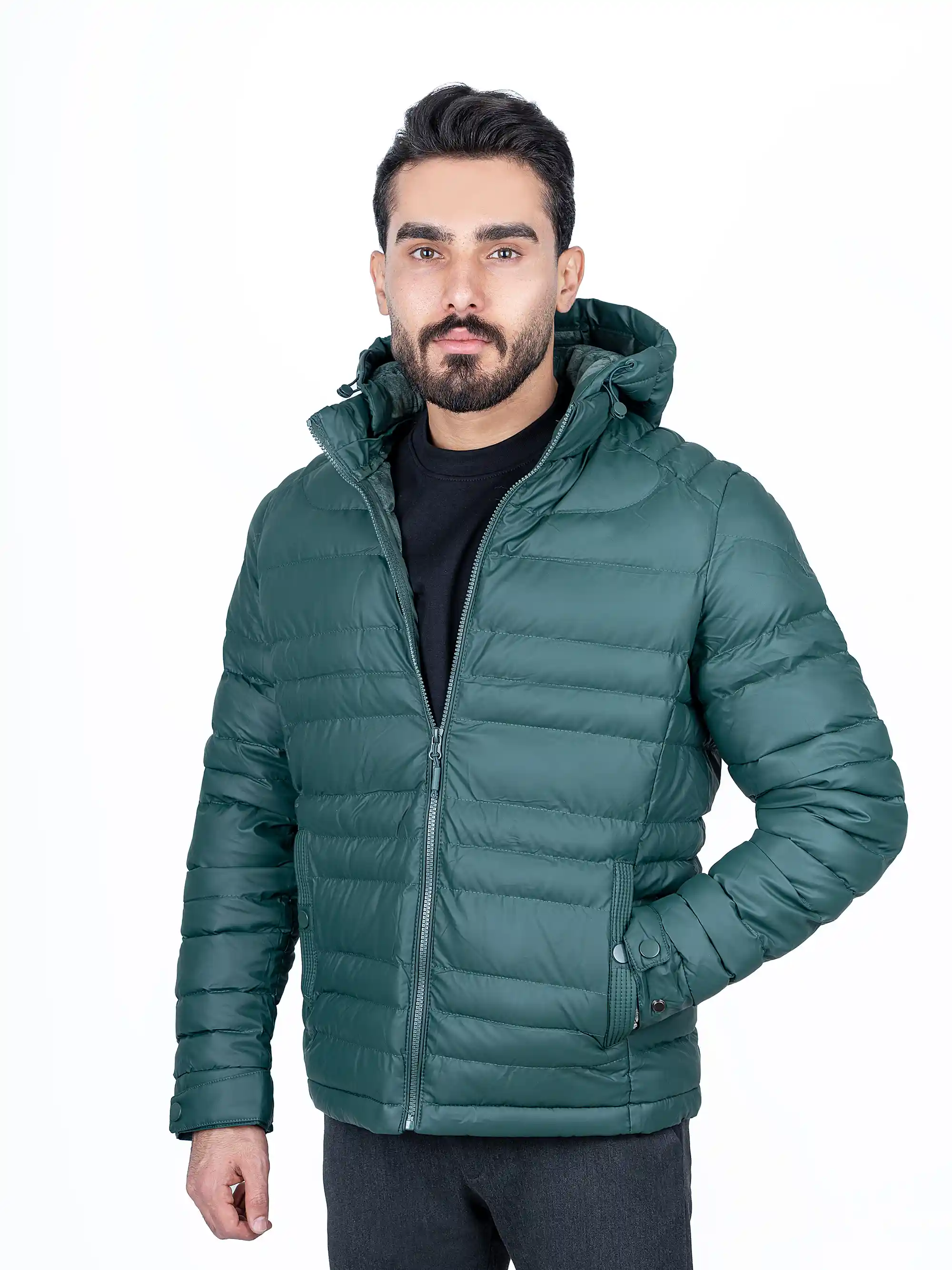 کاپشن زمستانی بادی کلاه دار چرم 