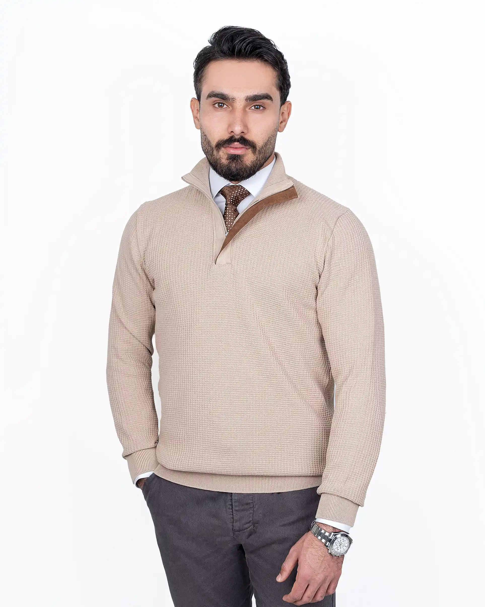 پلیور نیم زیپ یقه ایستاده شطرنجی