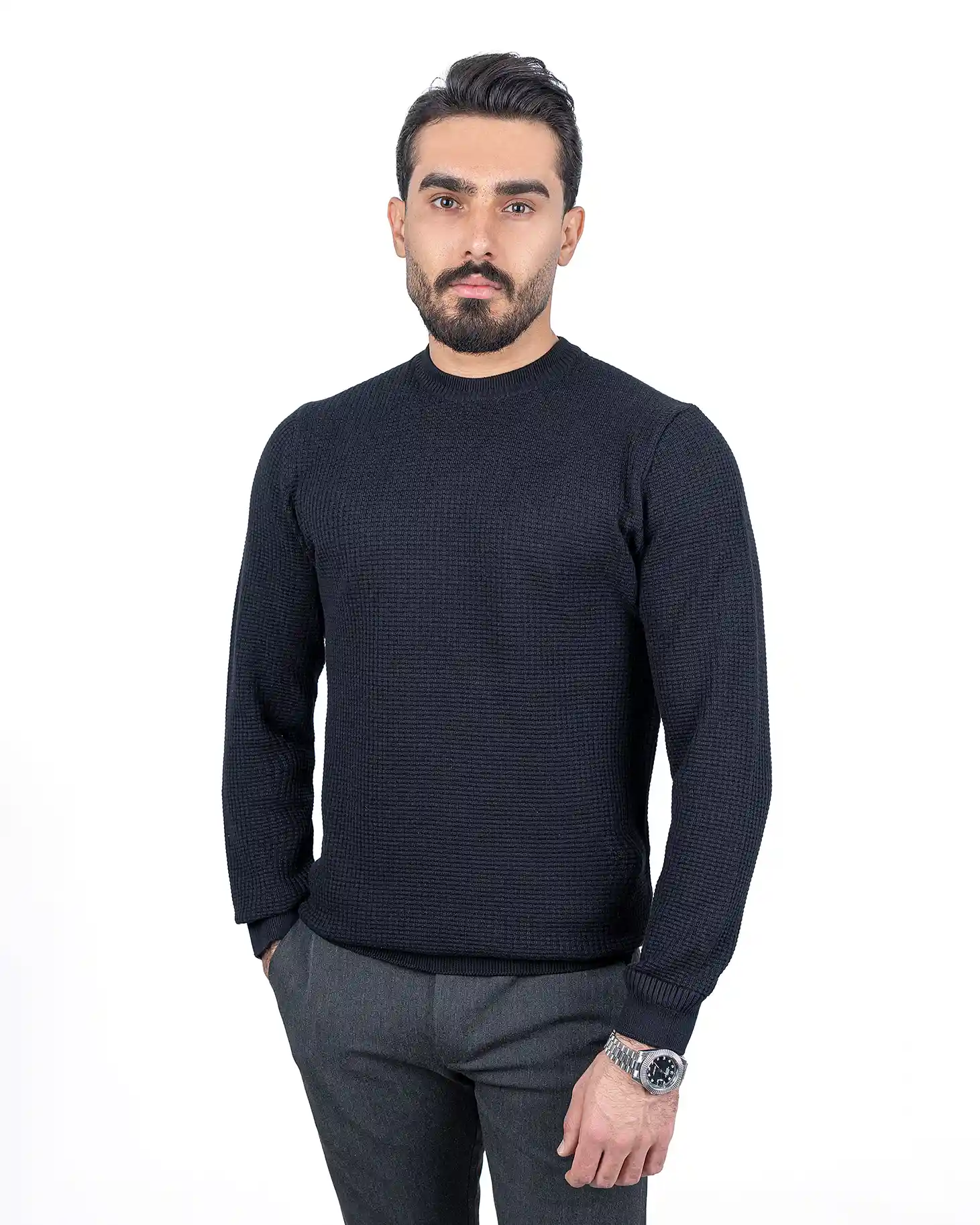 پلیور یقه گرد بافت شطرنجی