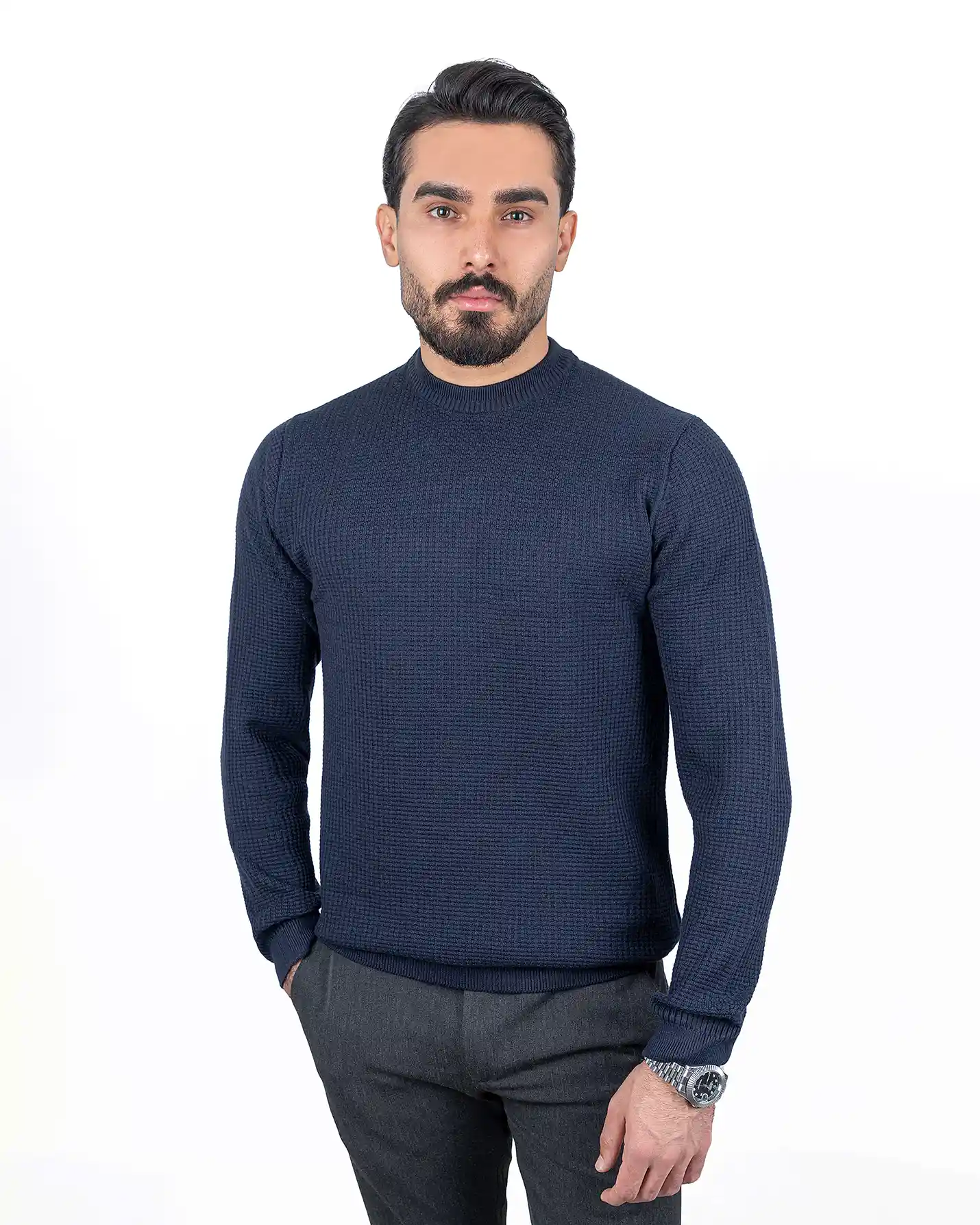 پلیور یقه گرد بافت شطرنجی