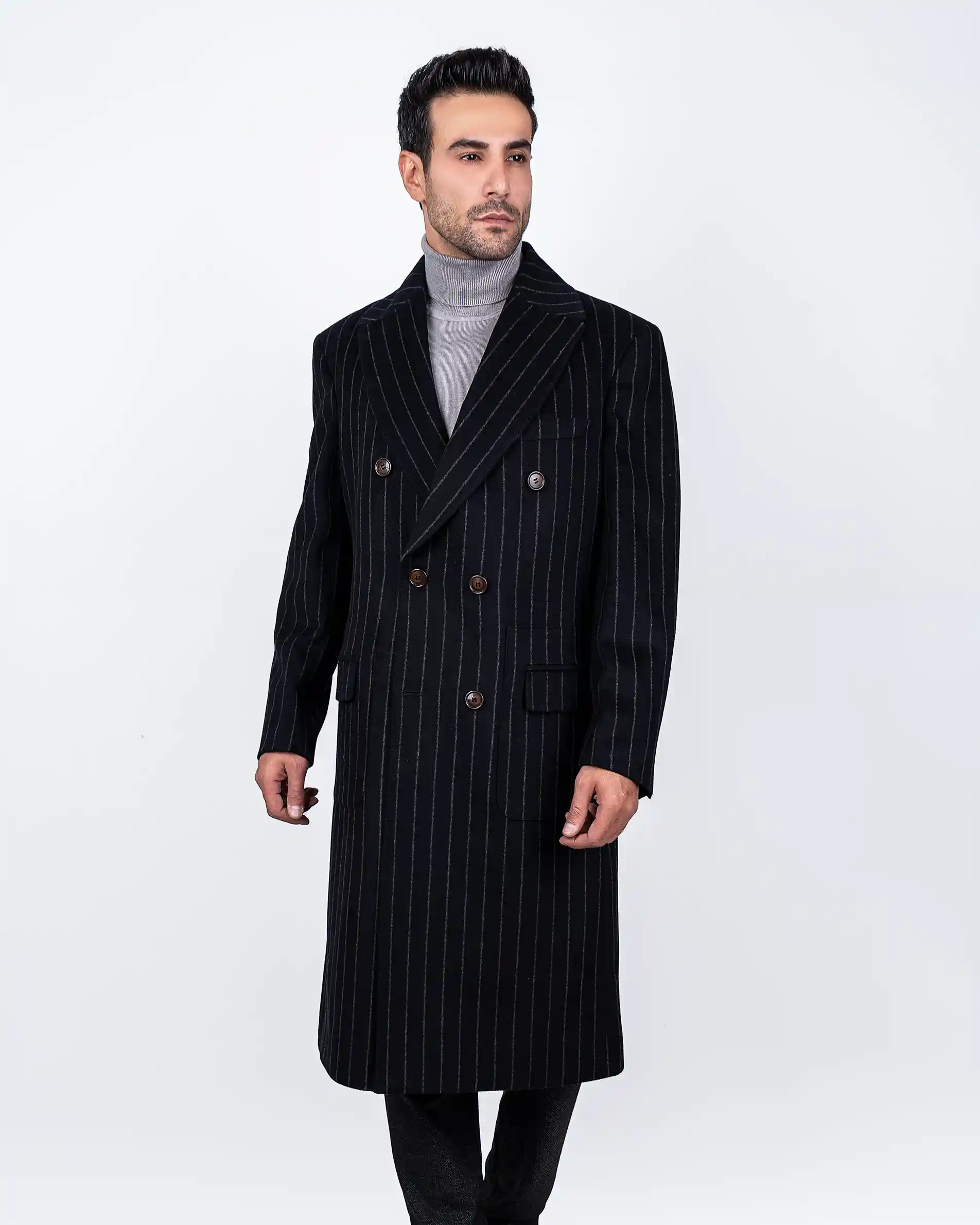 پالتو دبل برست دو جیب پاکتی خط دار