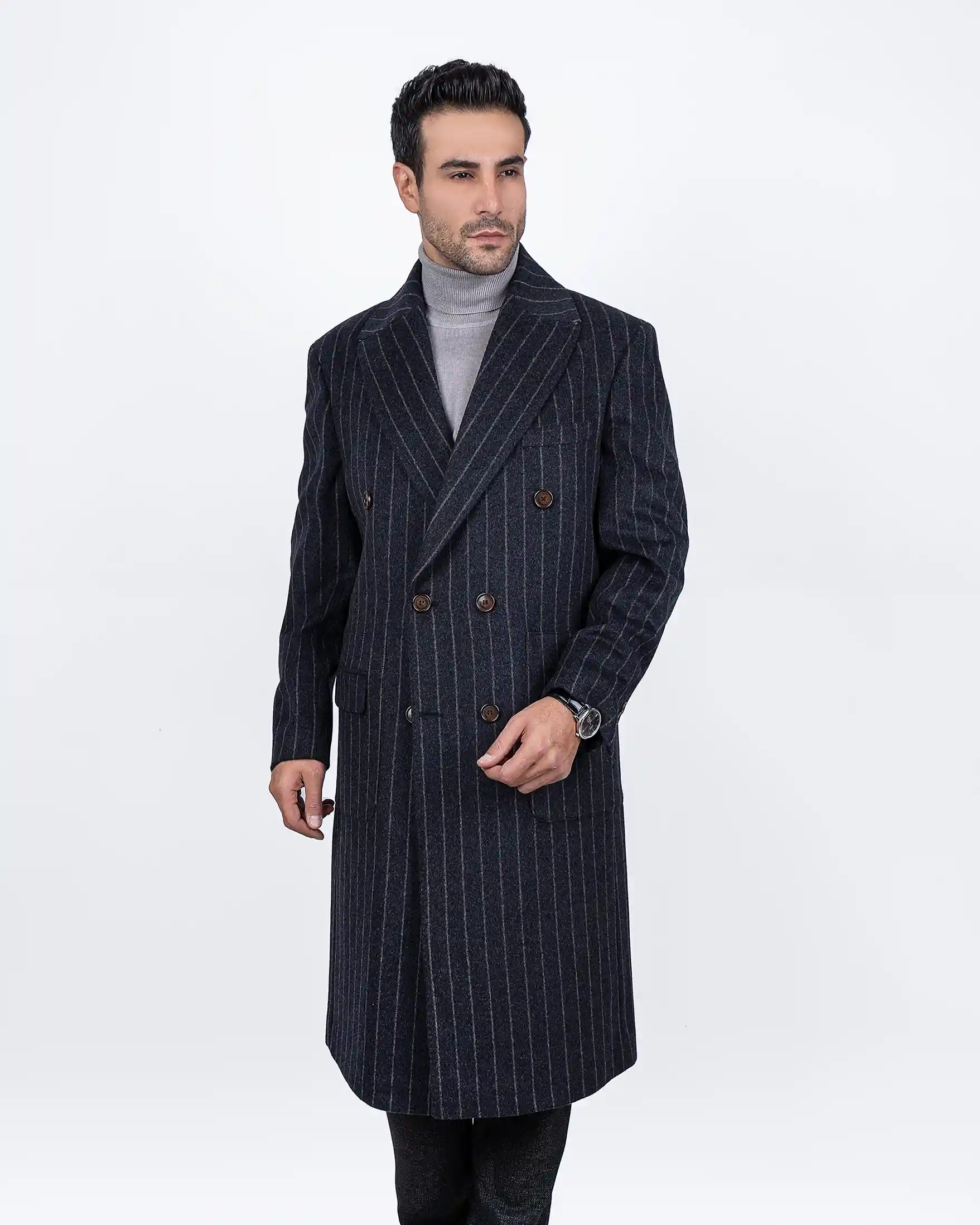 پالتو دبل برست دو جیب پاکتی خط دار