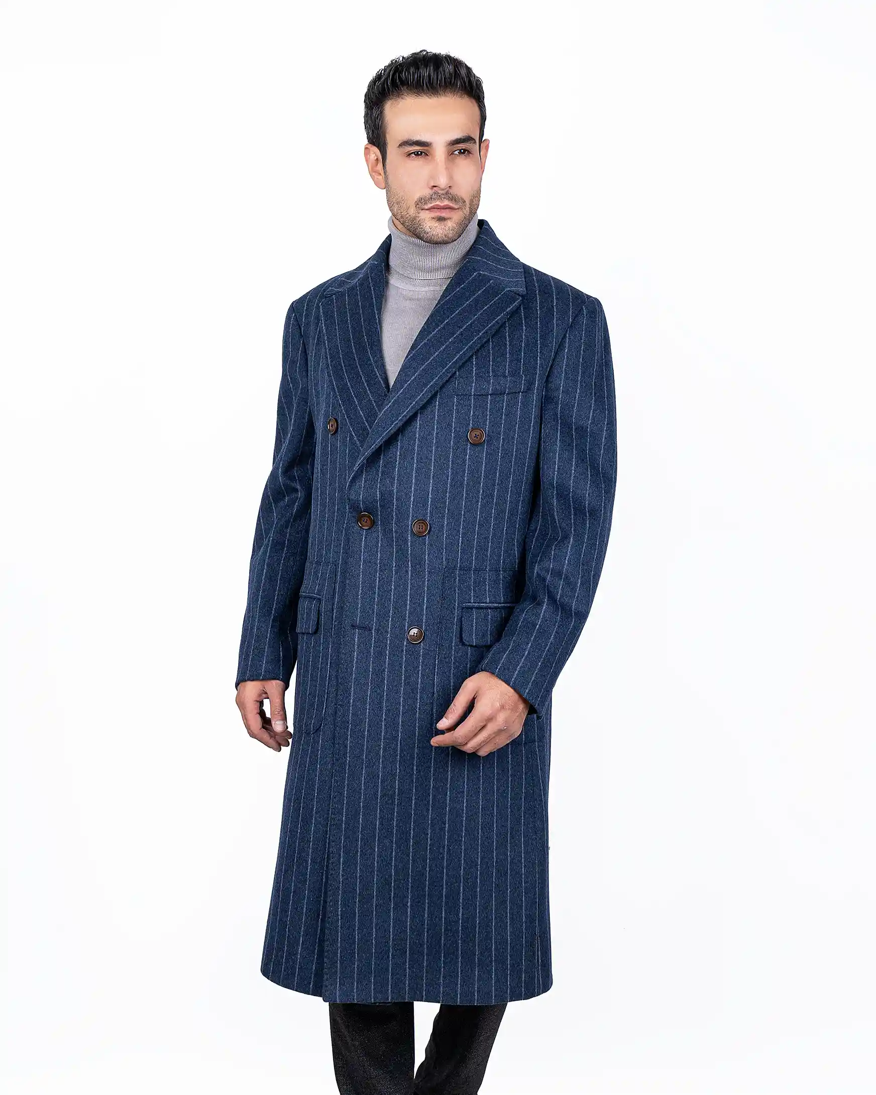 پالتو دبل برست دو جیب پاکتی خط دار