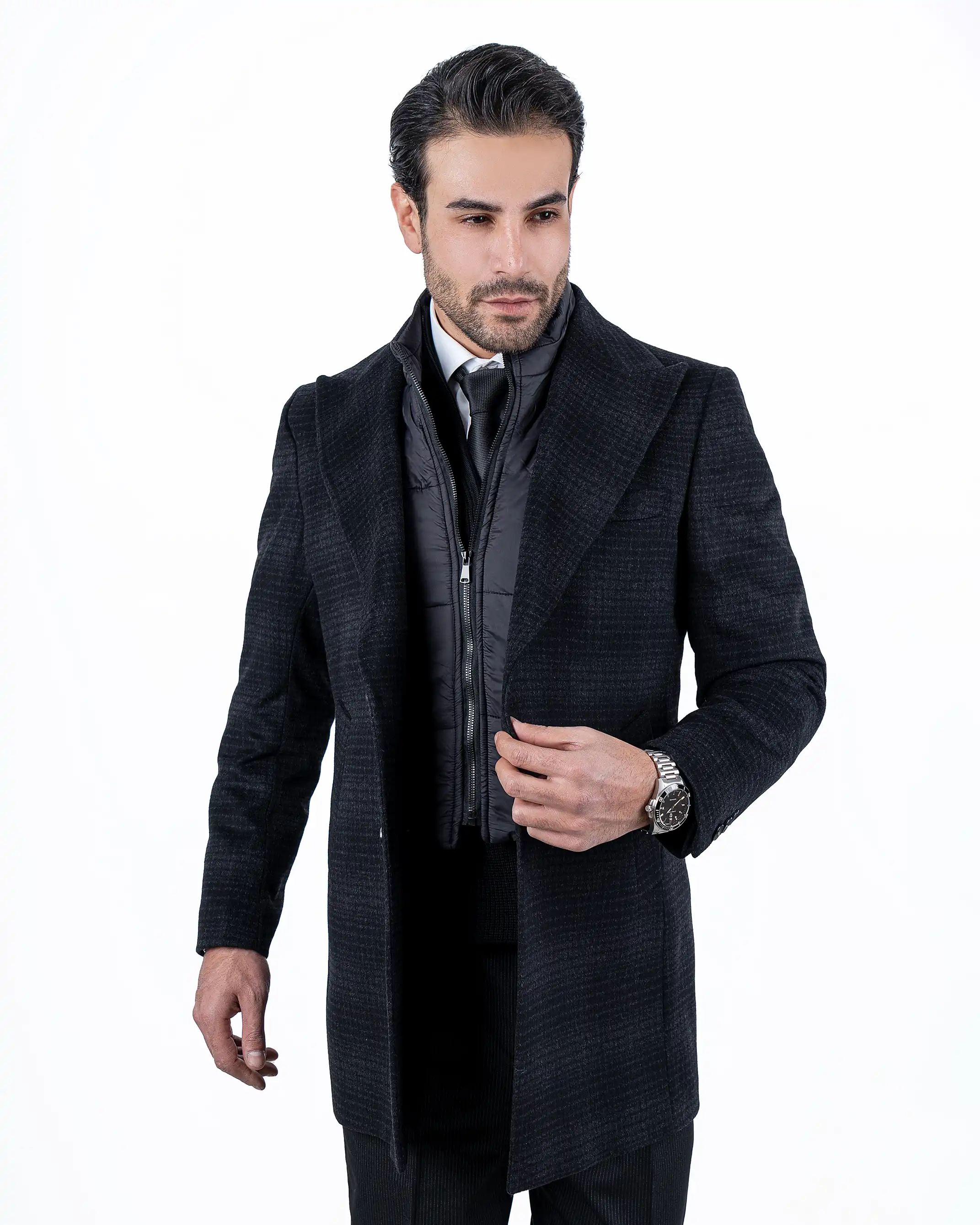 پالتو چهارخانه محو با جلیقه زیپ دار