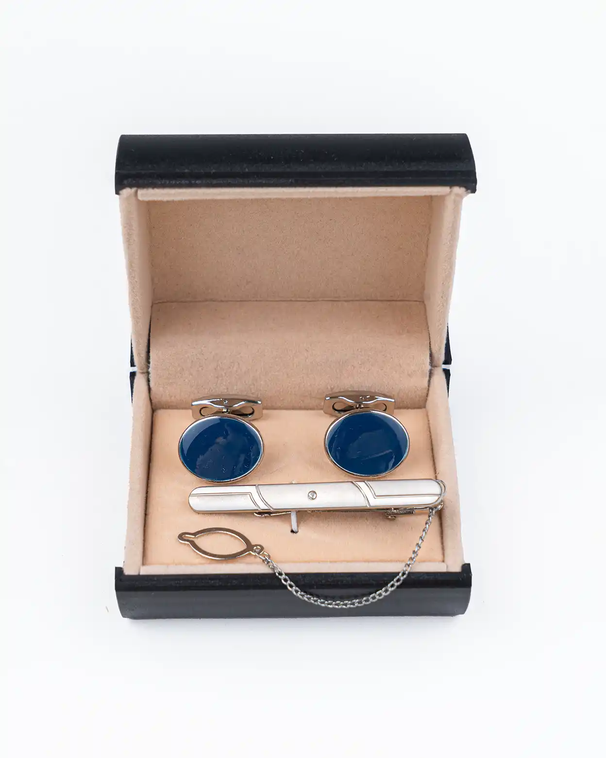 ست دکمه سردست وگیره کراوات نقره ای صیقلی