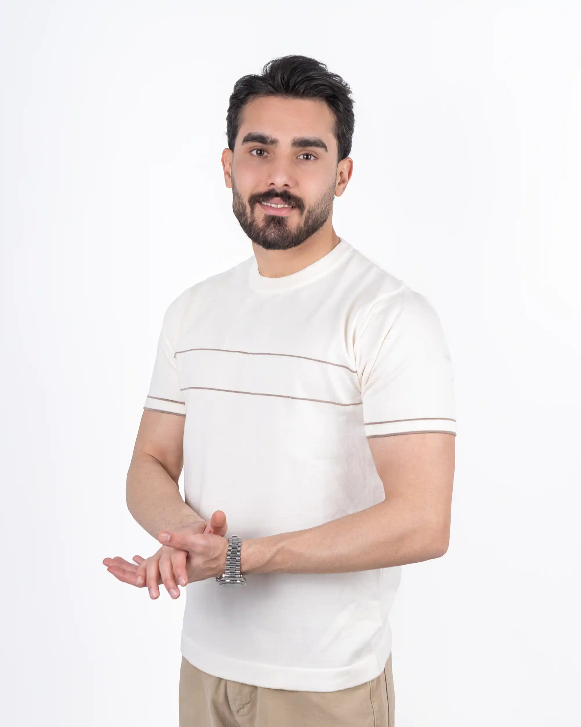 تیشرت یقه گرد بافت نوار افقی برجسته 