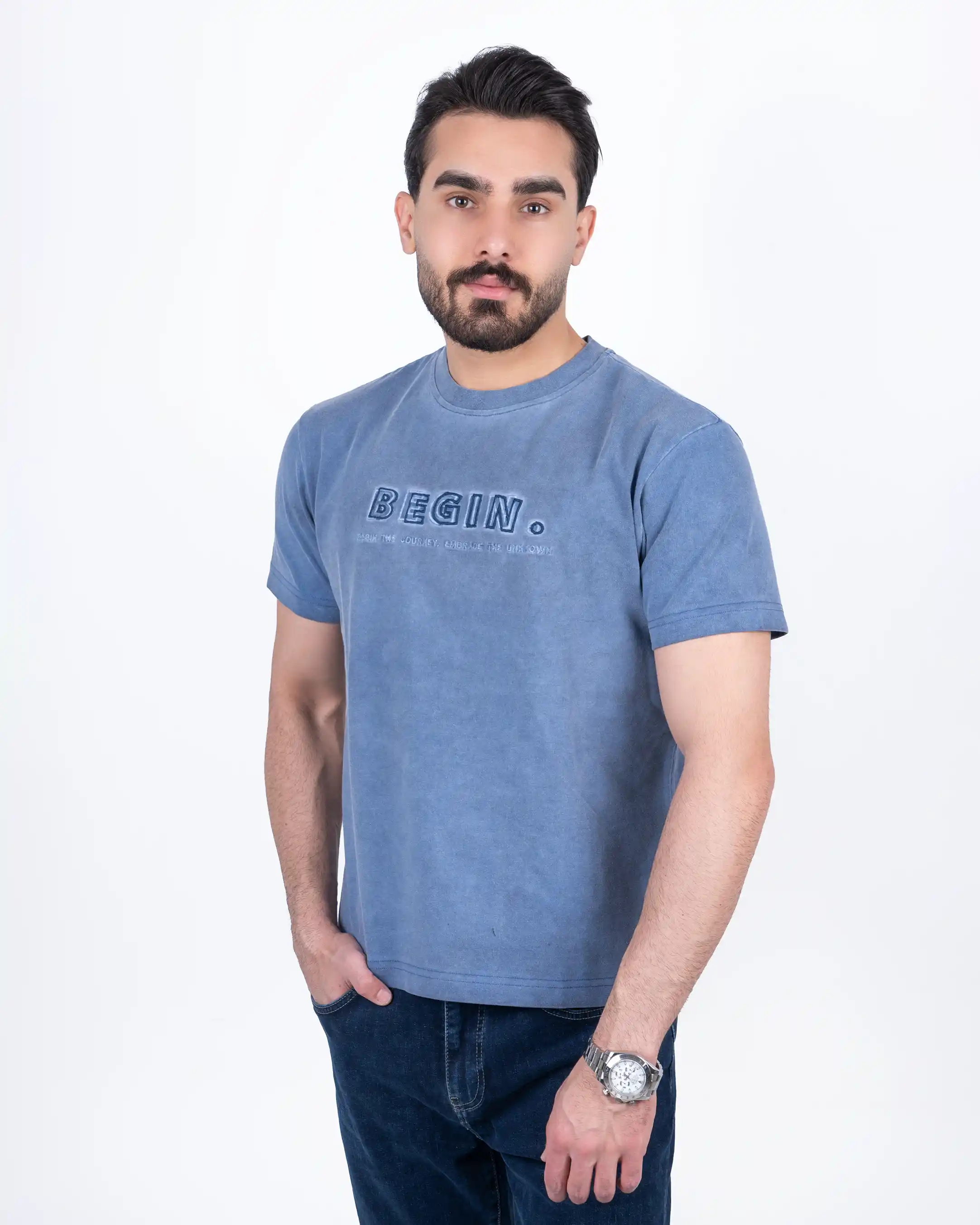 تیشرت یقه گرد سنگ شور طرح begin