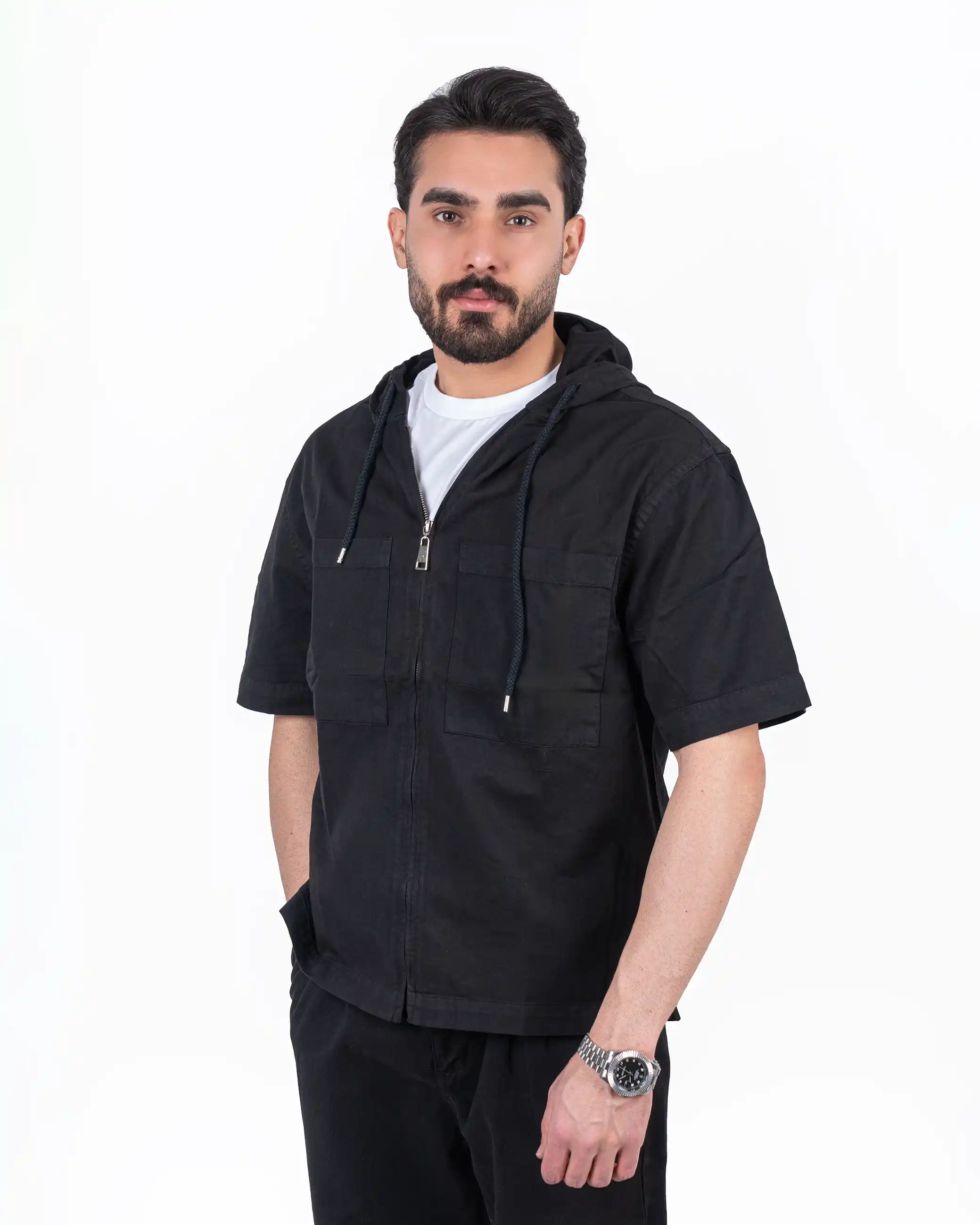 پیراهن آستین کوتاه کتان جلو زیپ دار chest-pocket