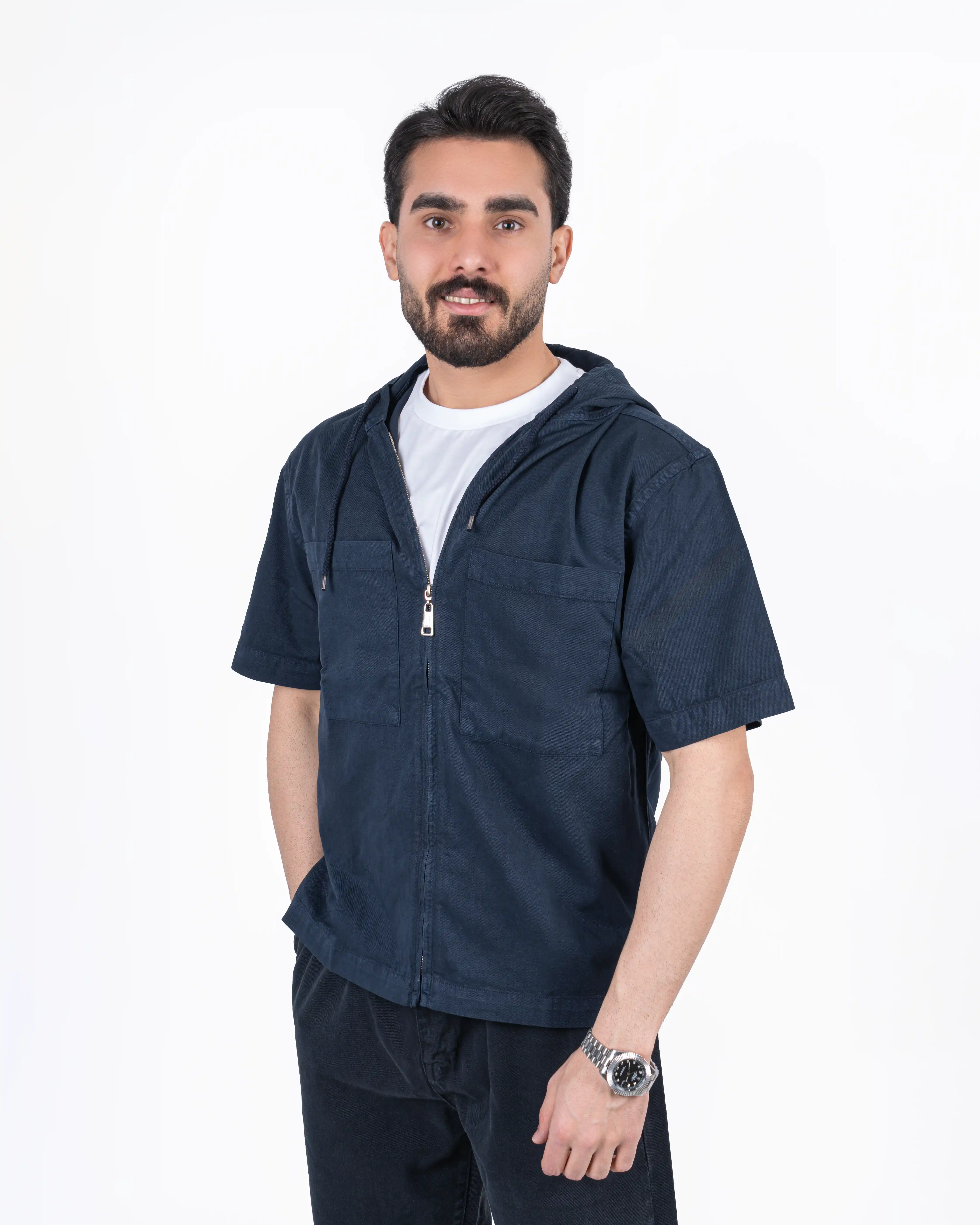 پیراهن آستین کوتاه کتان جلو زیپ دار chest-pocket