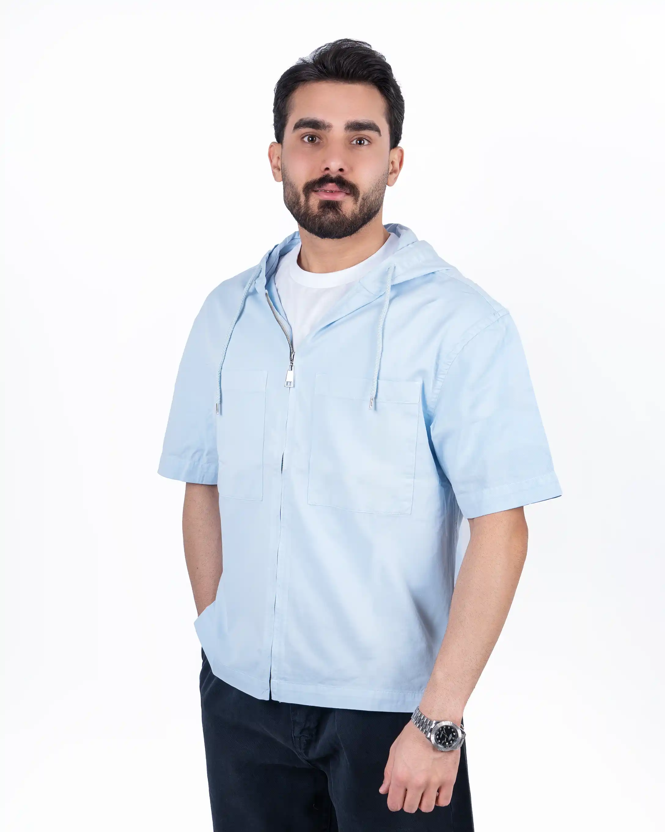 پیراهن آستین کوتاه کتان جلو زیپ دار chest-pocket