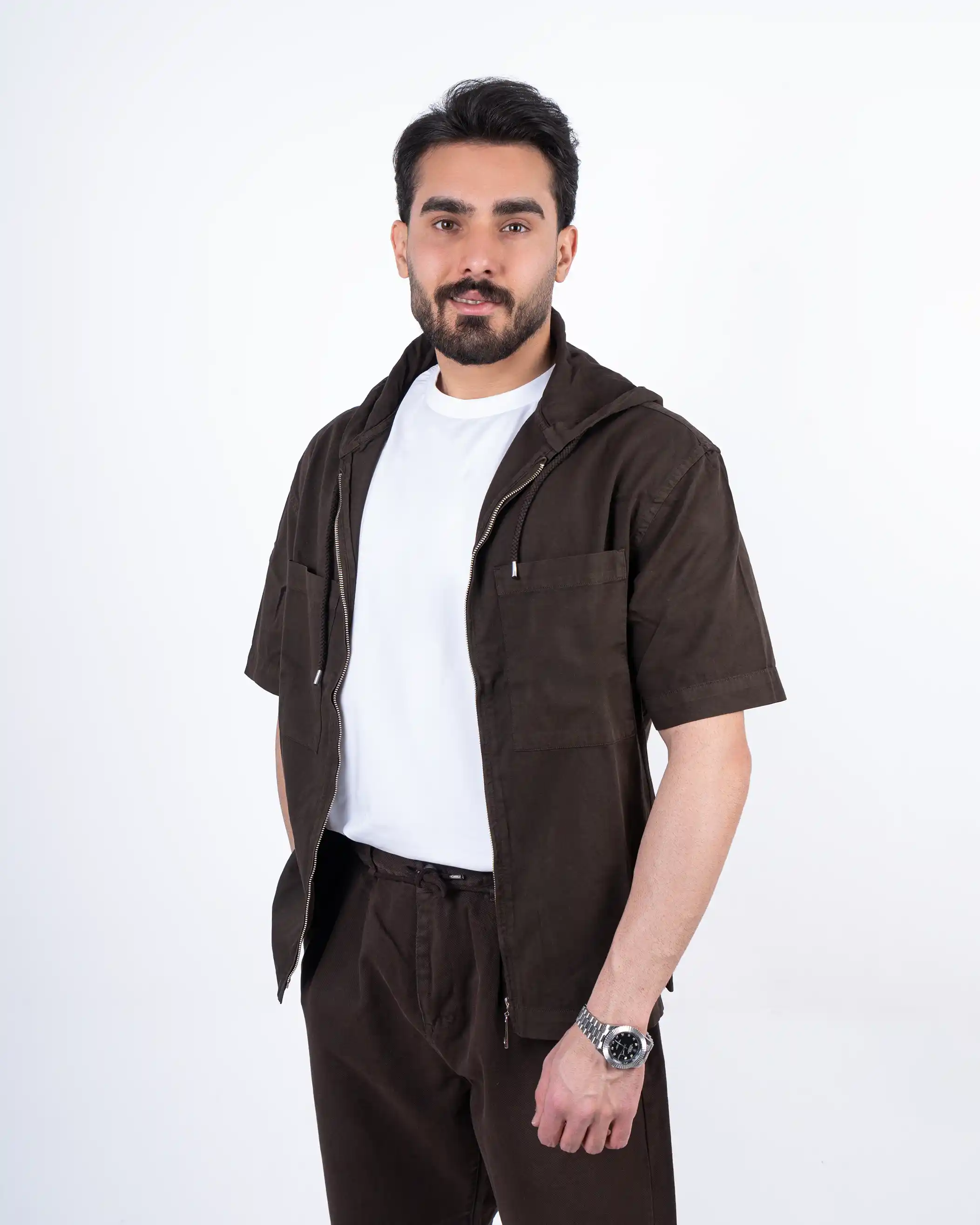 پیراهن آستین کوتاه کتان جلو زیپ دار chest-pocket