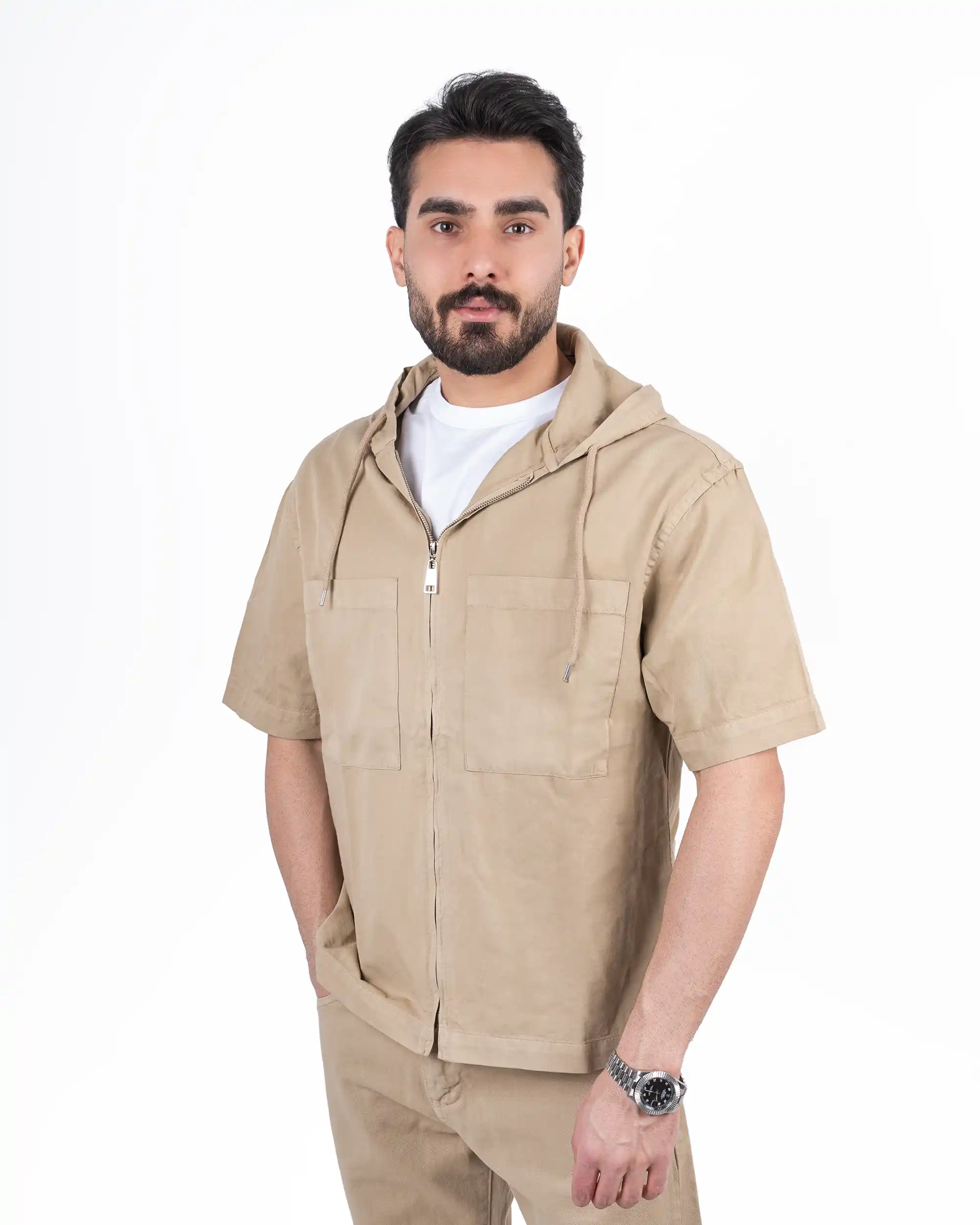 پیراهن آستین کوتاه کتان جلو زیپ دار chest-pocket