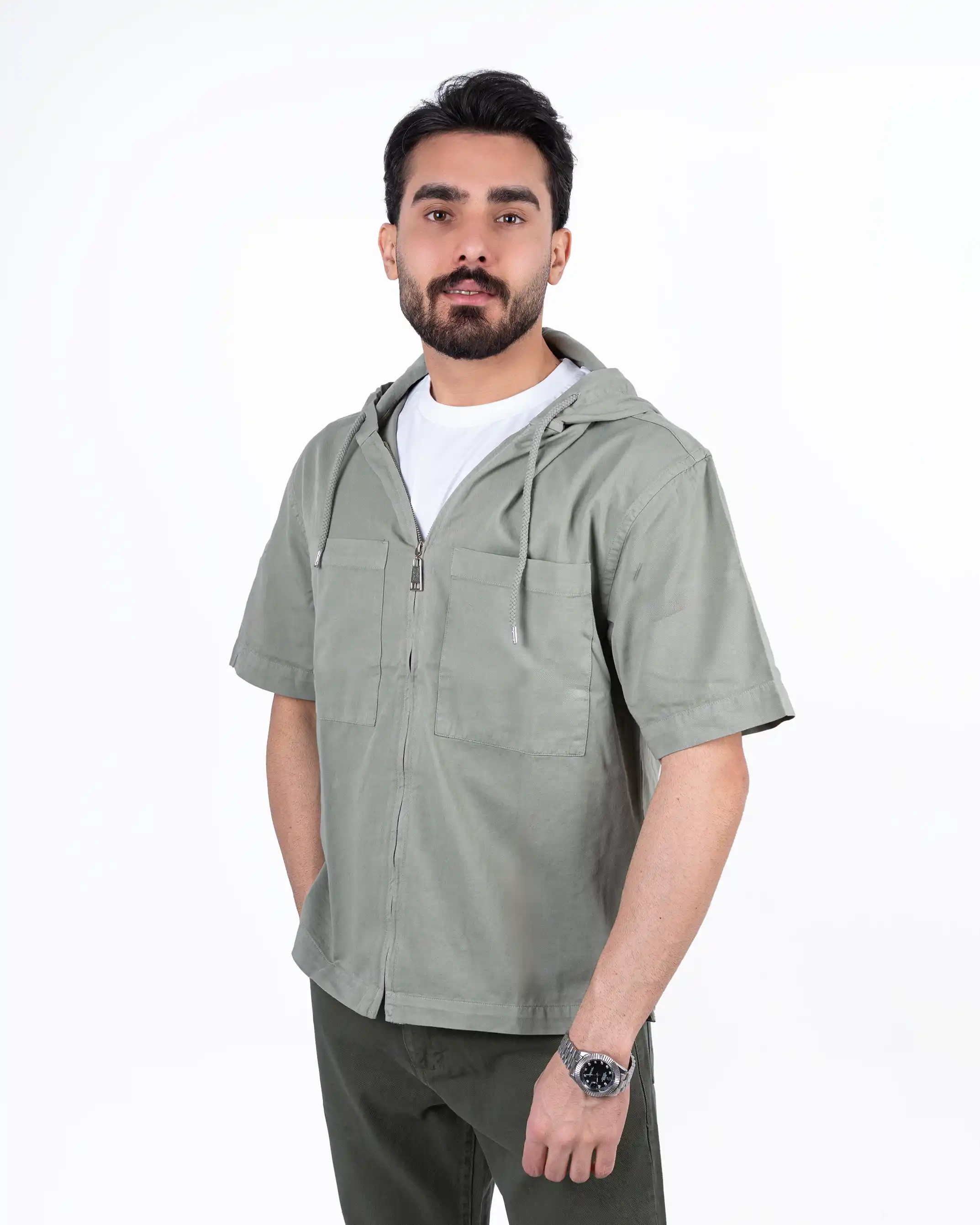 پیراهن آستین کوتاه کتان جلو زیپ دار chest-pocket
