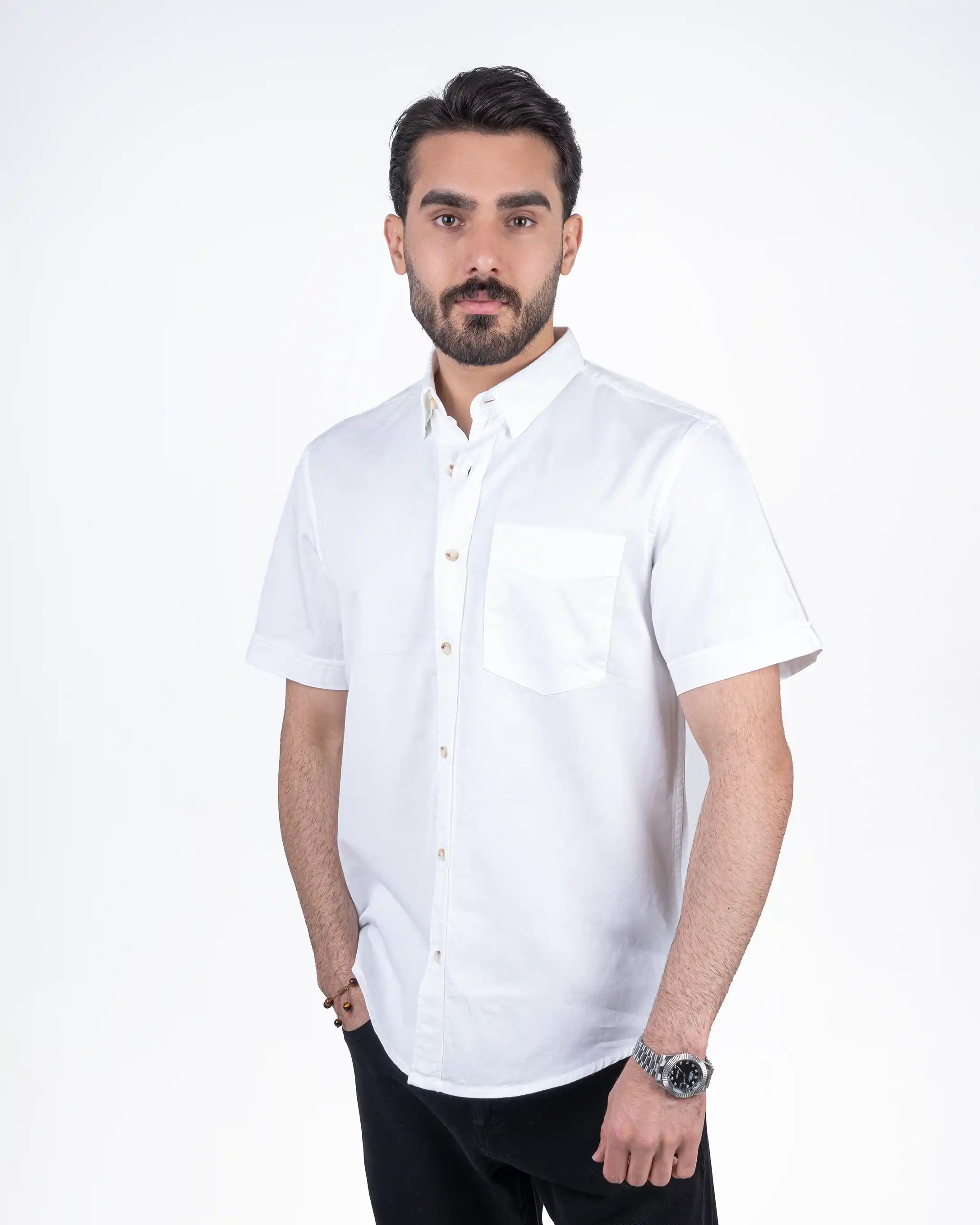 پیراهن آستین کوتاه کتان تک جیب