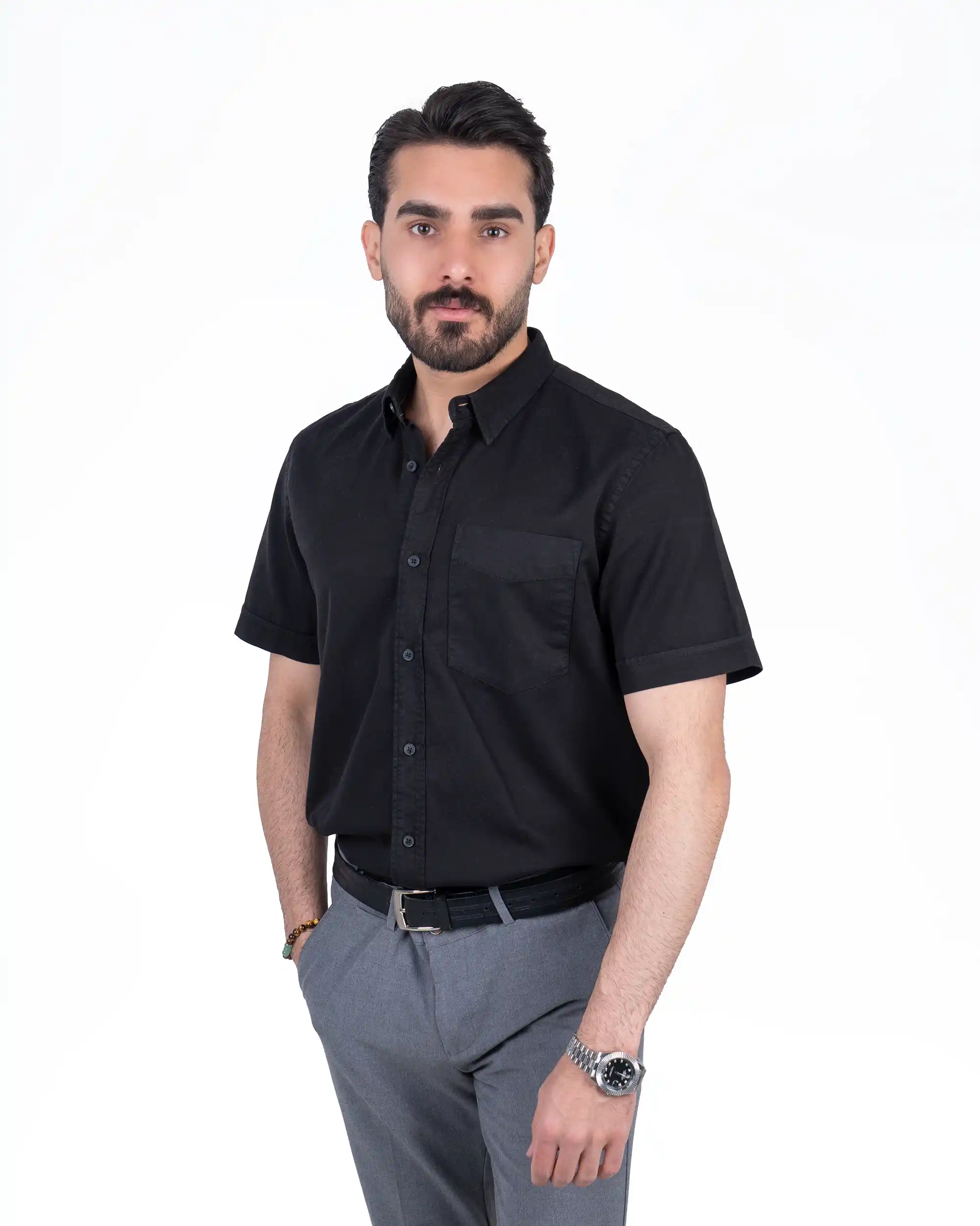 پیراهن آستین کوتاه کتان تک جیب