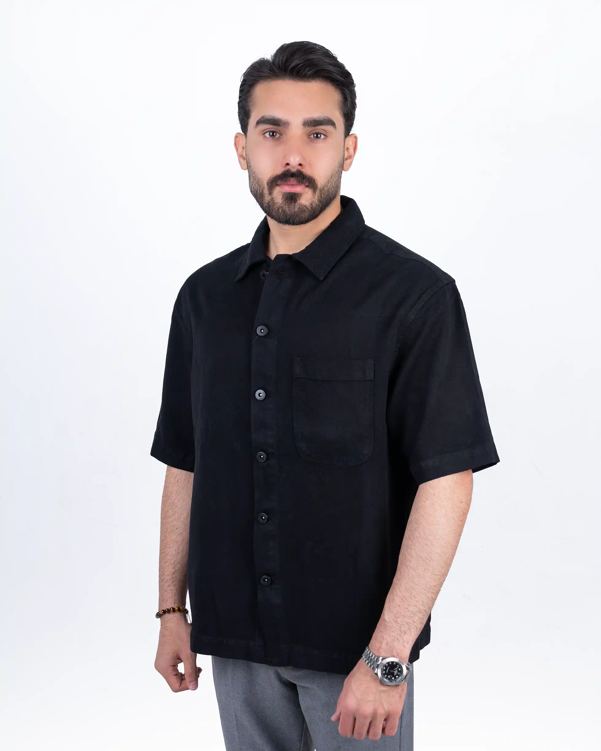 پیراهن کتی آستین کوتاه کتان تک جیب cut box