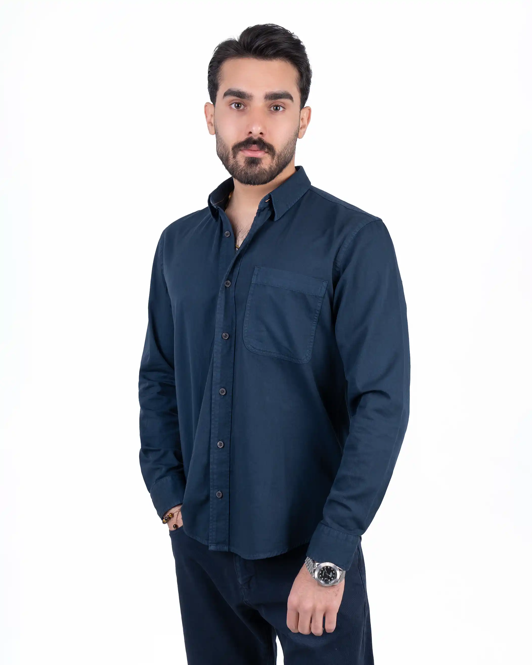 پیراهن آستین بلند کتان تک جیب