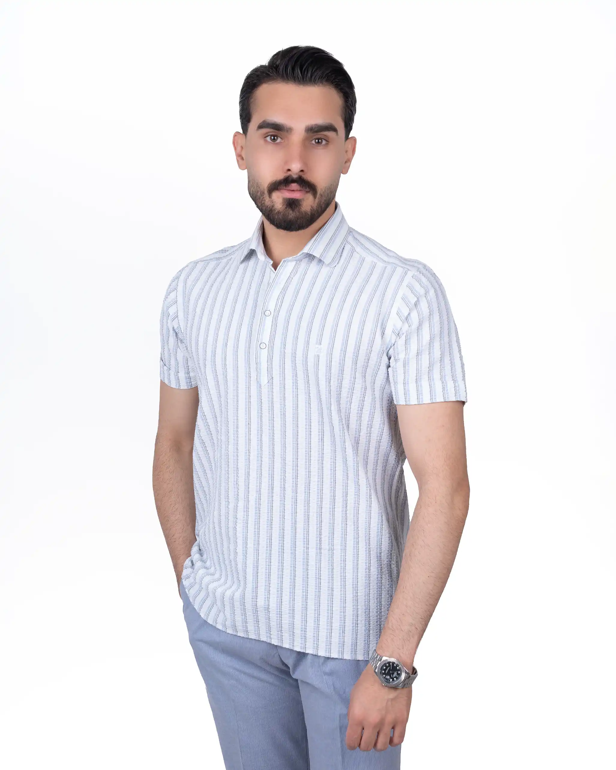 پیراهن آستین کوتاه لینن سه دکمه راه راه 
