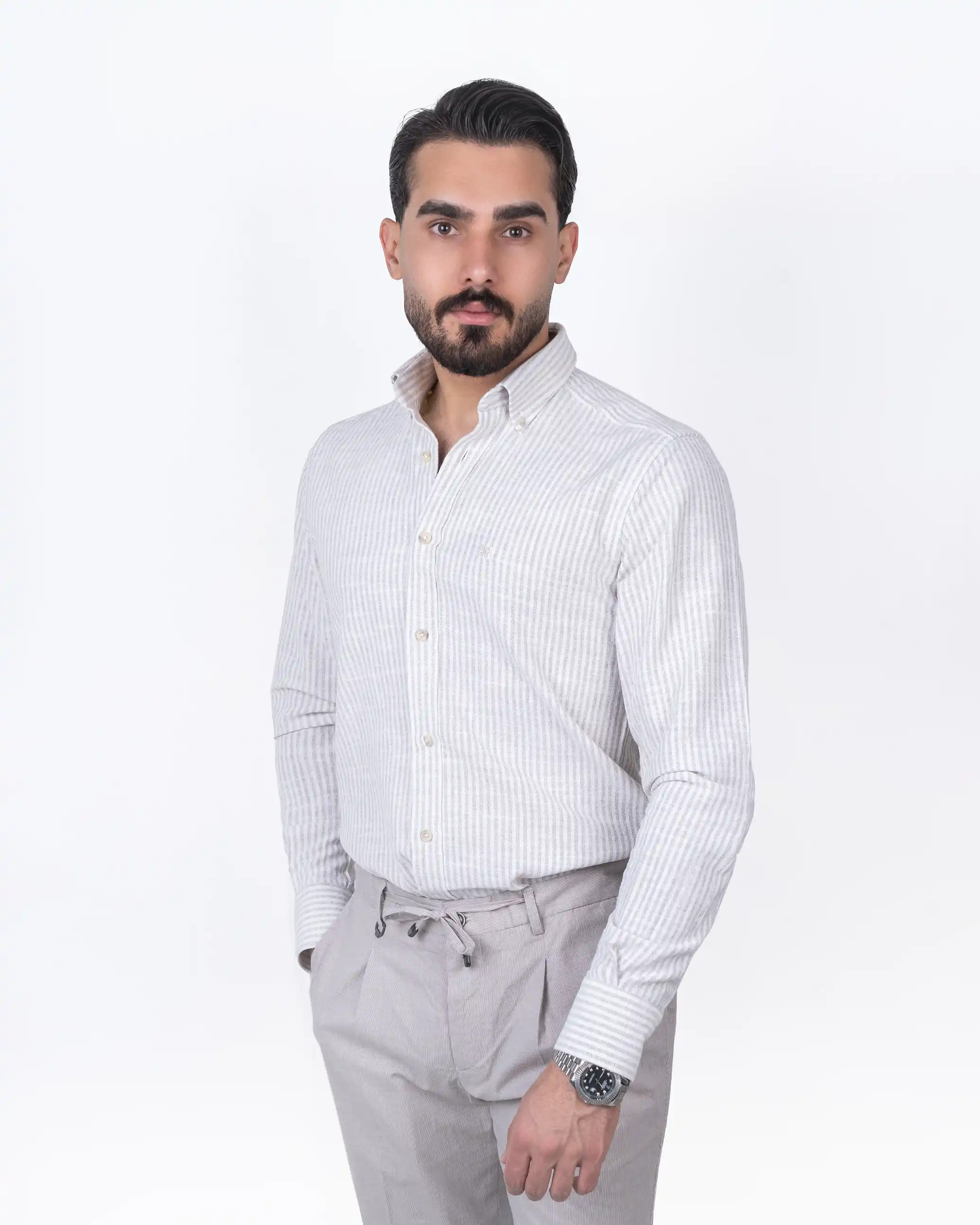 پیراهن آستین بلند یقه دکمه دار پنبه line stripe