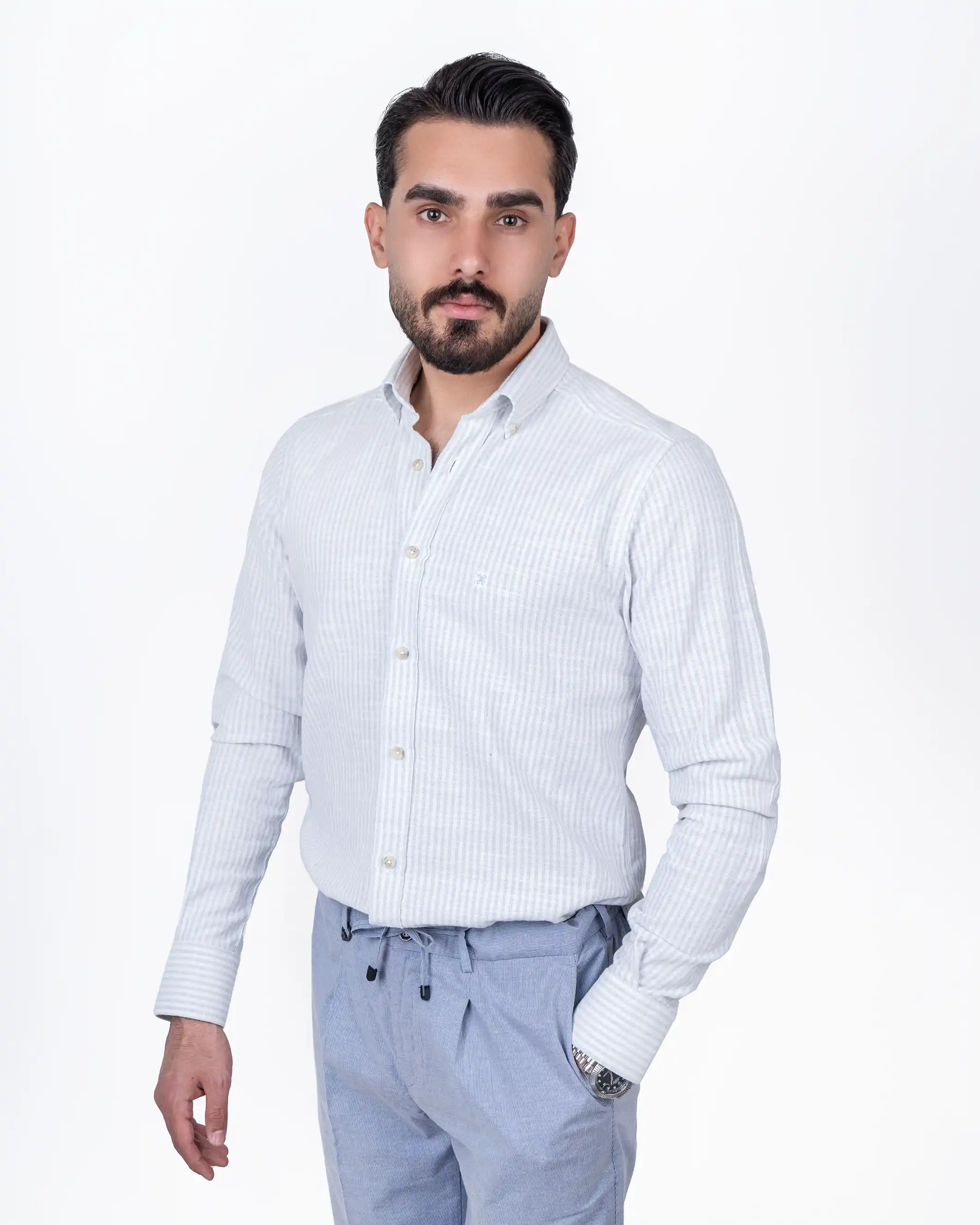 پیراهن آستین بلند یقه دکمه دار پنبه line stripe