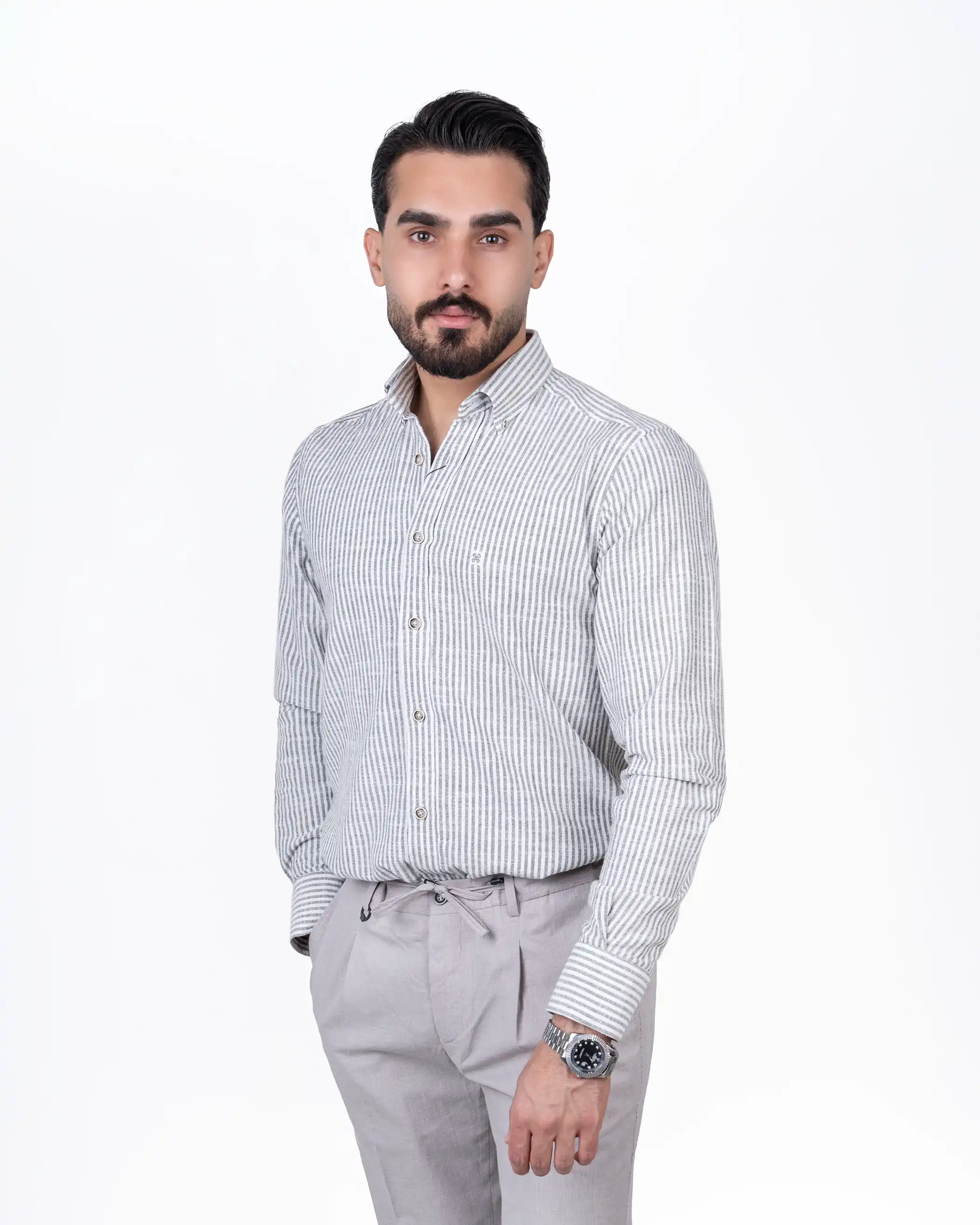 پیراهن آستین بلند یقه دکمه دار پنبه line stripe