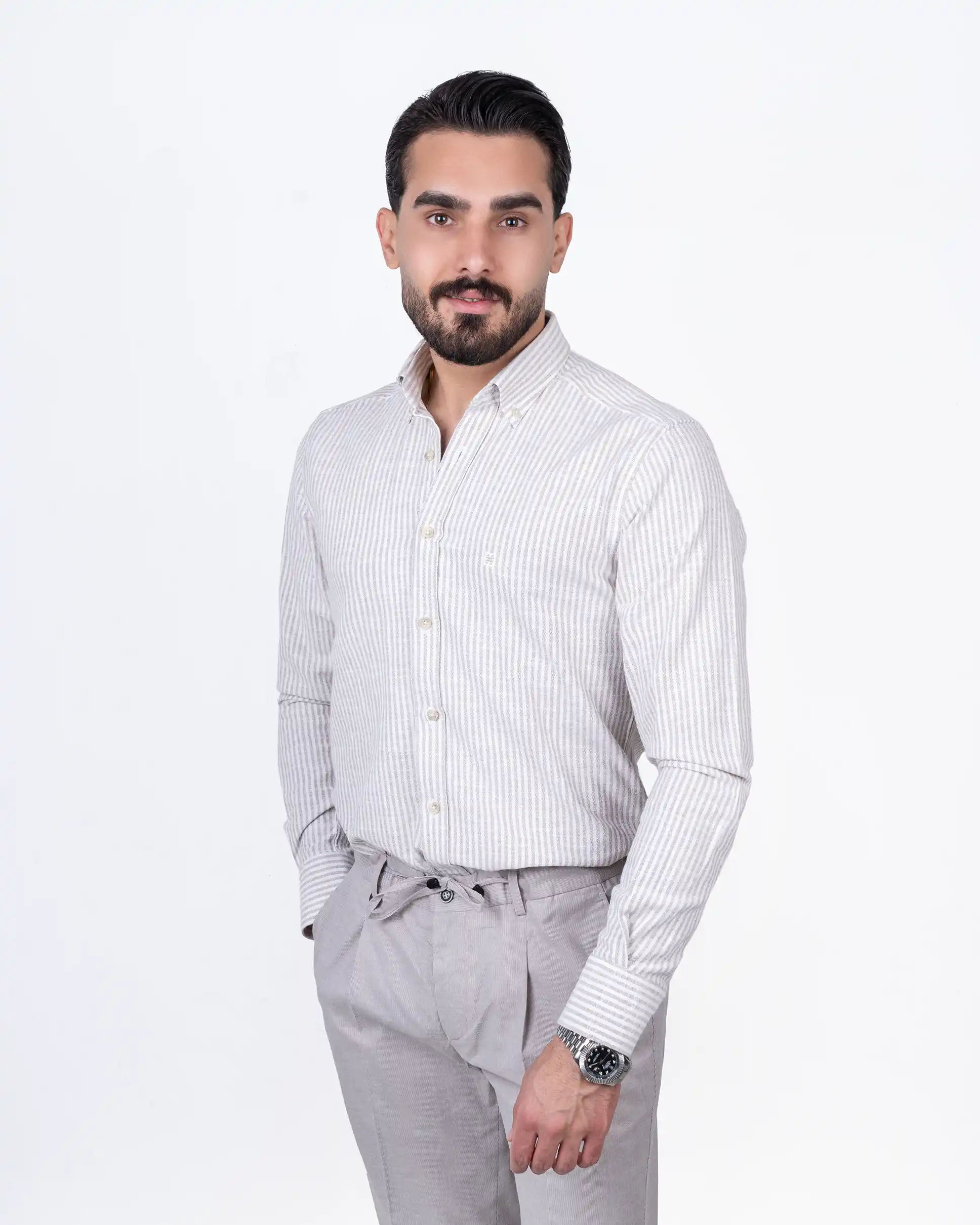 پیراهن آستین بلند یقه دکمه دار پنبه line stripe