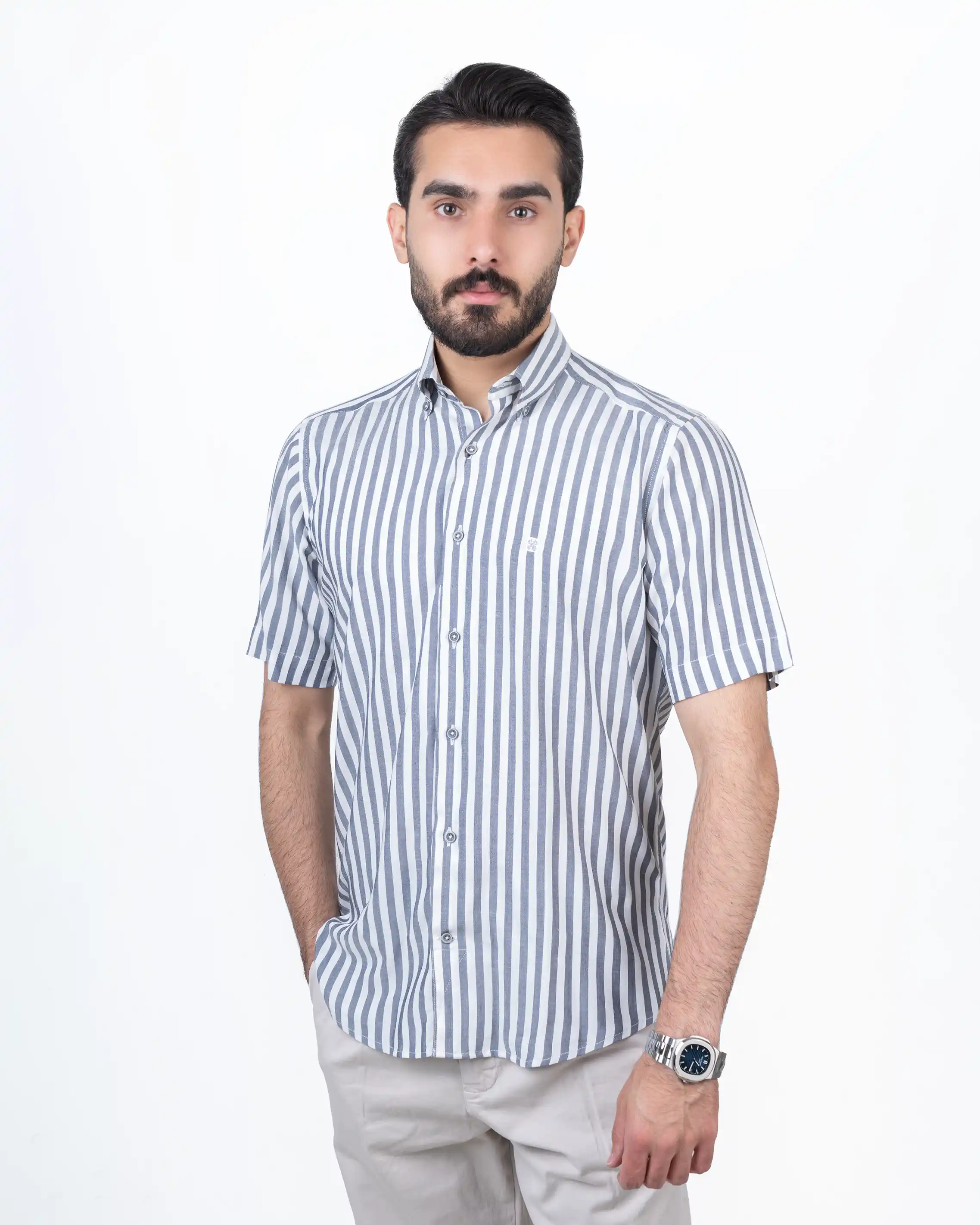 پیراهن آستین کوتاه راه راه کلاسیک پنبه