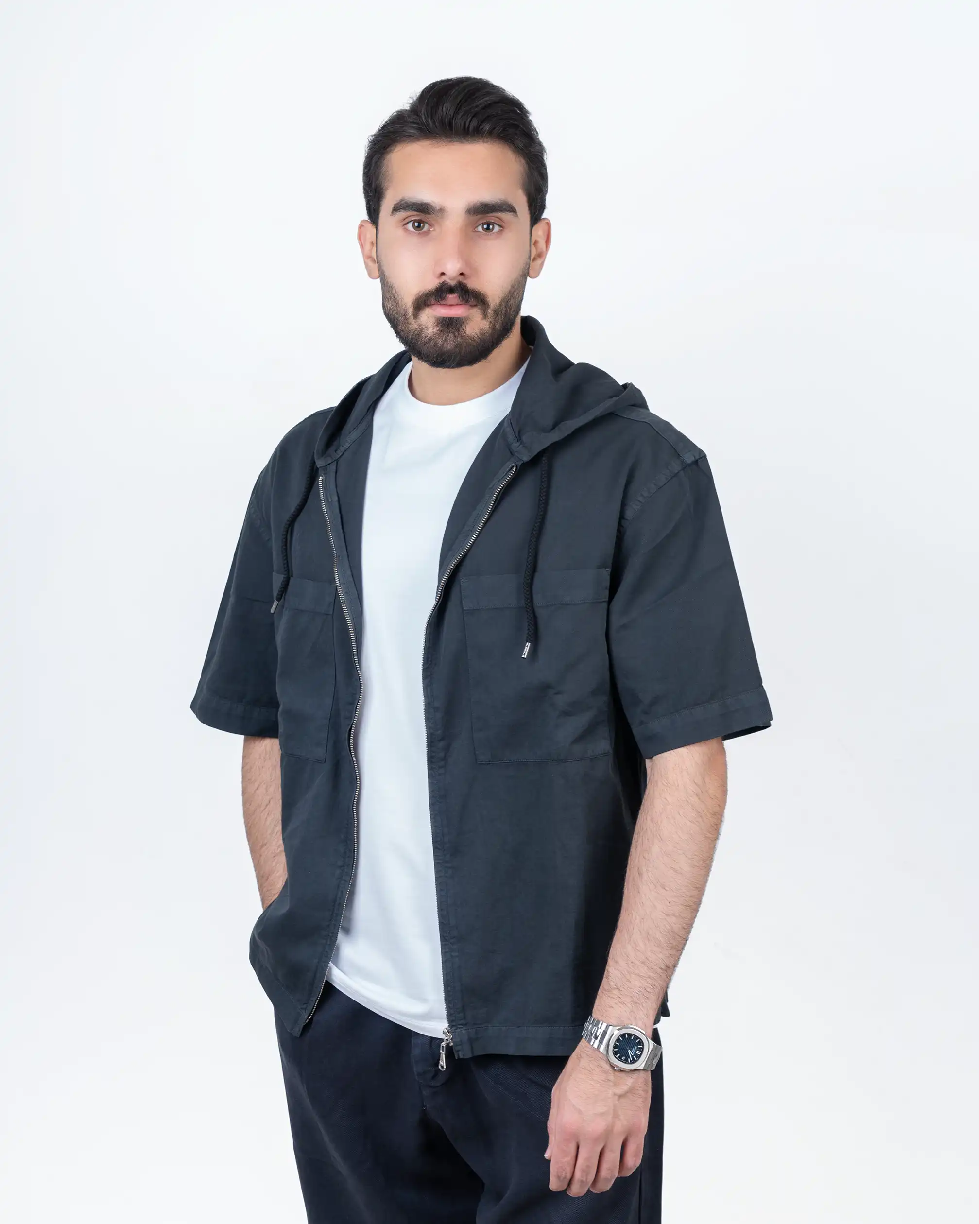 پیراهن آستین کوتاه کتان جلو زیپ دار chest-pocket
