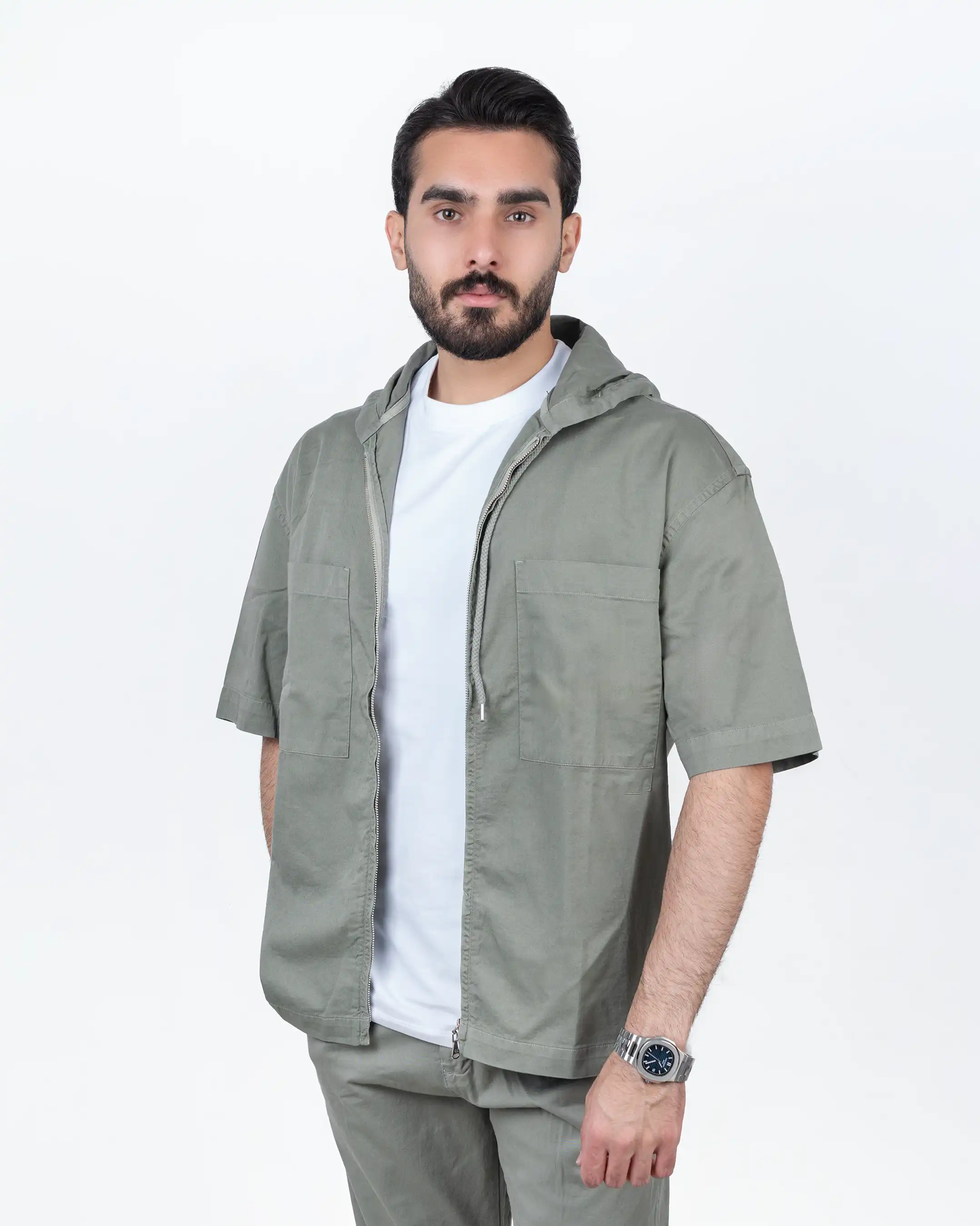 پیراهن آستین کوتاه کتان جلو زیپ دار chest-pocket