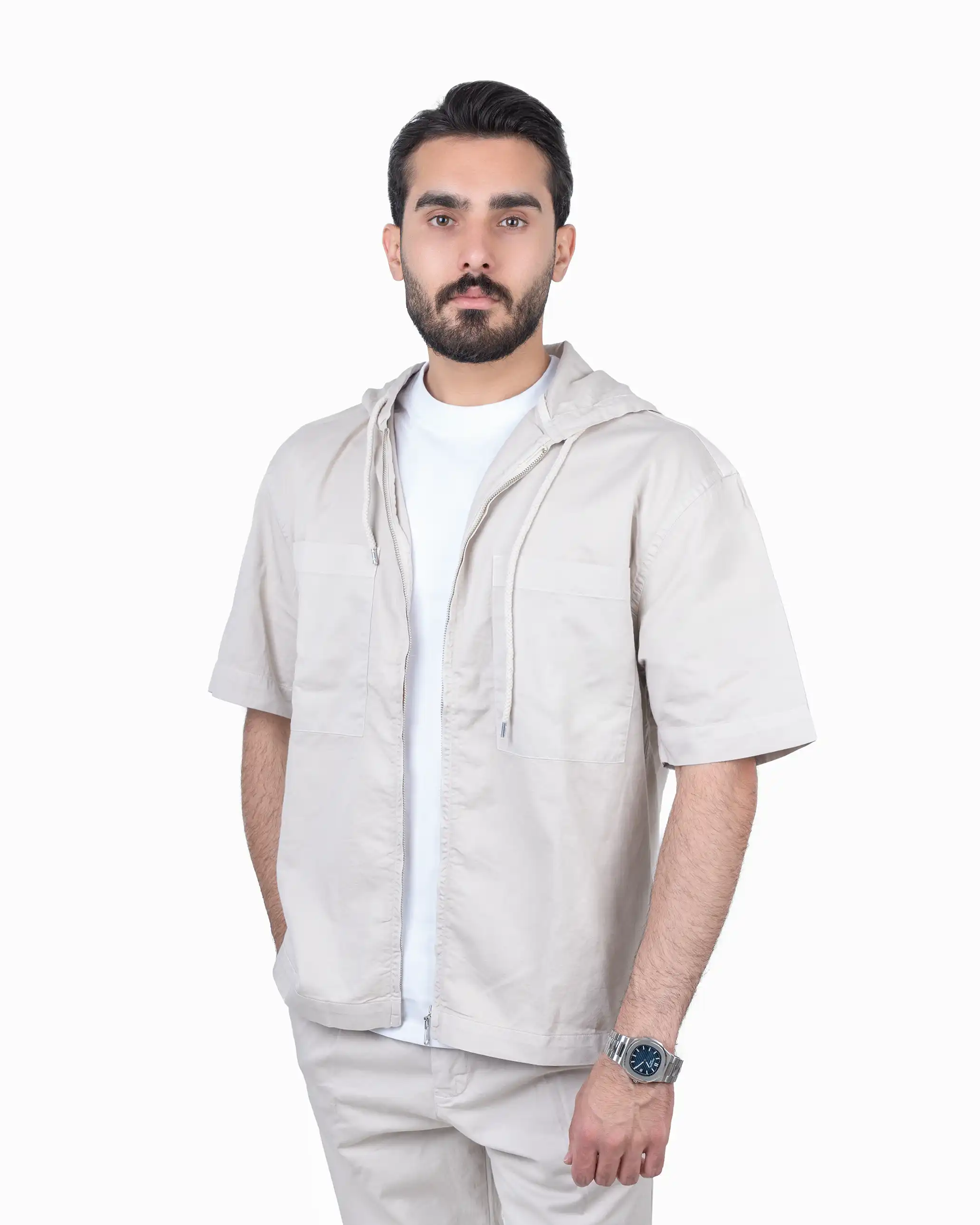 پیراهن آستین کوتاه کتان جلو زیپ دار chest-pocket