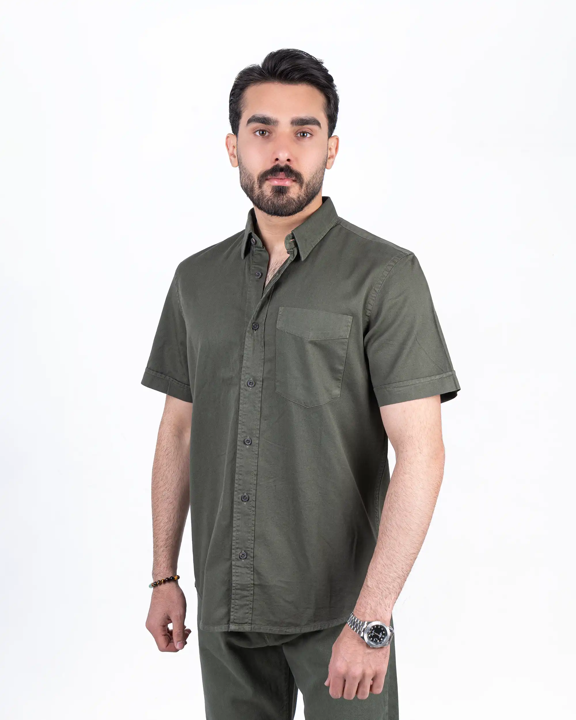 پیراهن آستین کوتاه کتان تک جیب